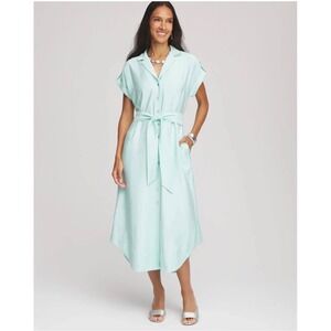 Chicos Hammered Rayon Midi Shirt Dress Size 3/ XL‎ Short Sleeve Belted Pockets